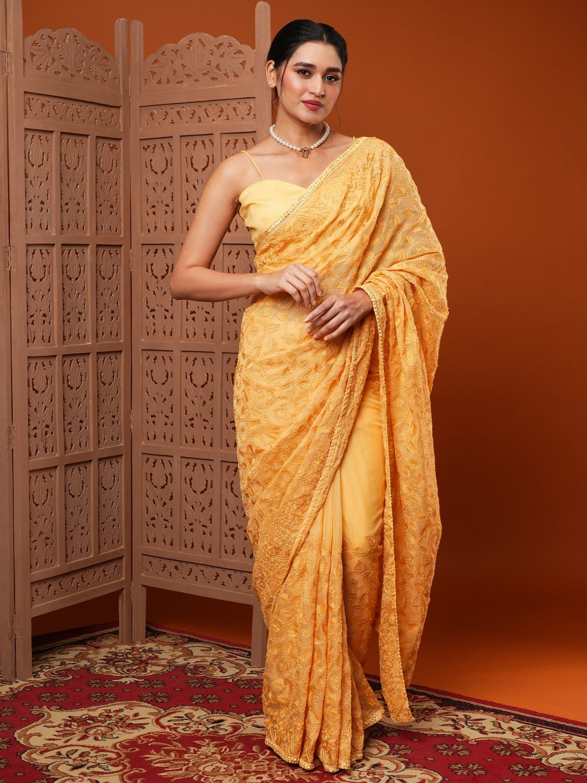 Orange Embroidered Organza Silk Saree