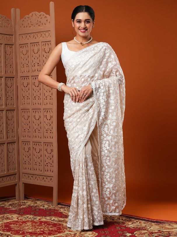 Light Grey Embroidered Organza Silk Saree