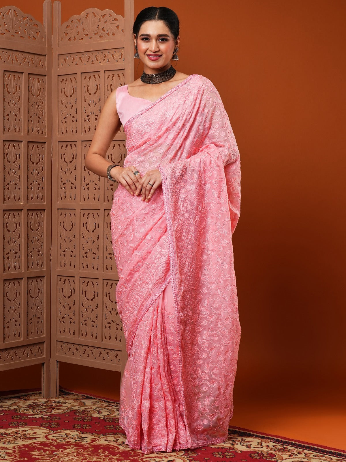 Pink Embroidered Organza Silk Saree