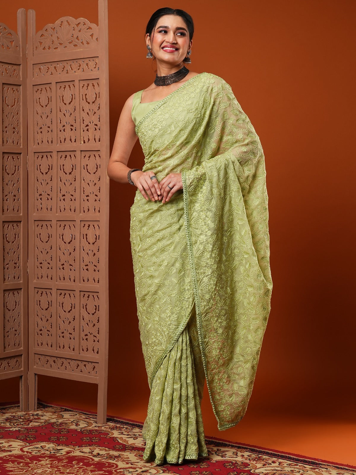 Olive Green Embroidered Organza Silk Saree