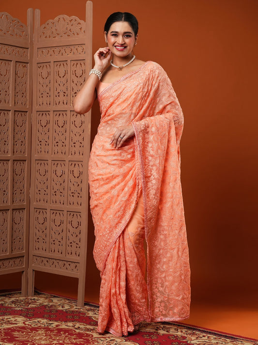 Peach Embroidered Organza Silk Saree