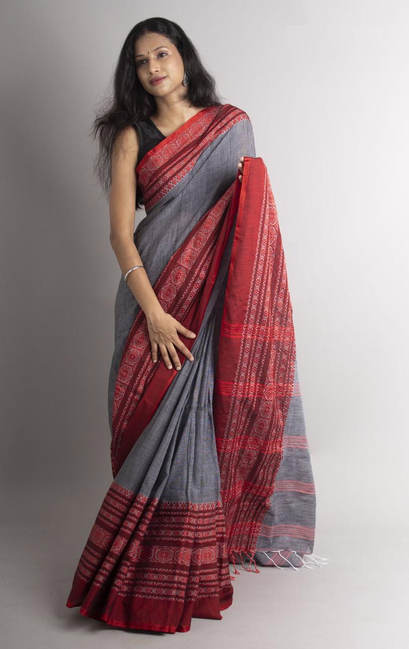 Grey & Red Handloom Cotton Saree