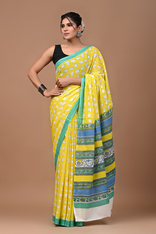 Appu Printed Bright Yellow Handloom Cotton Mulmul Saree