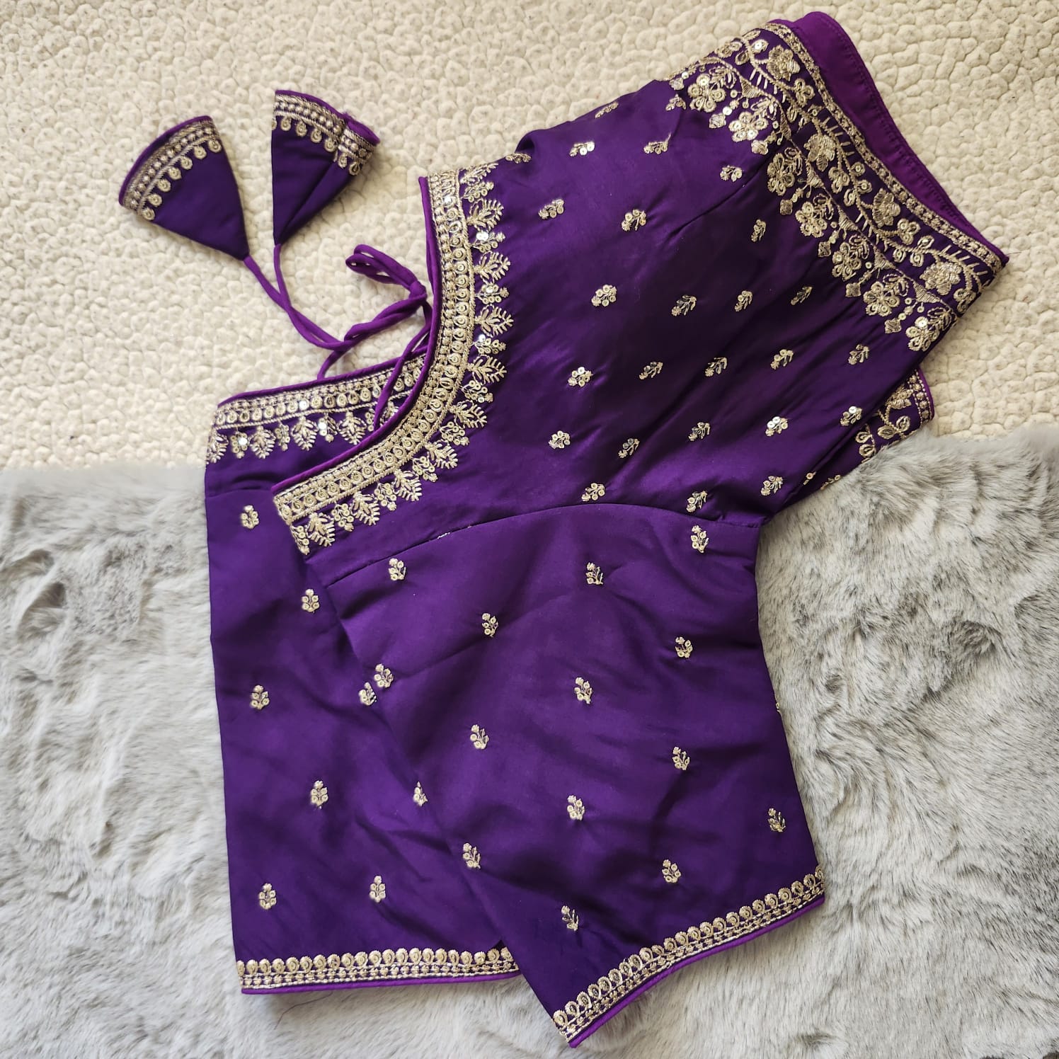 Purple Zari Embroidered Soft Silk Blouse With Elbow Sleeves