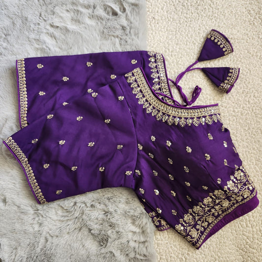 Purple Zari Embroidered Soft Silk Blouse With Elbow Sleeves