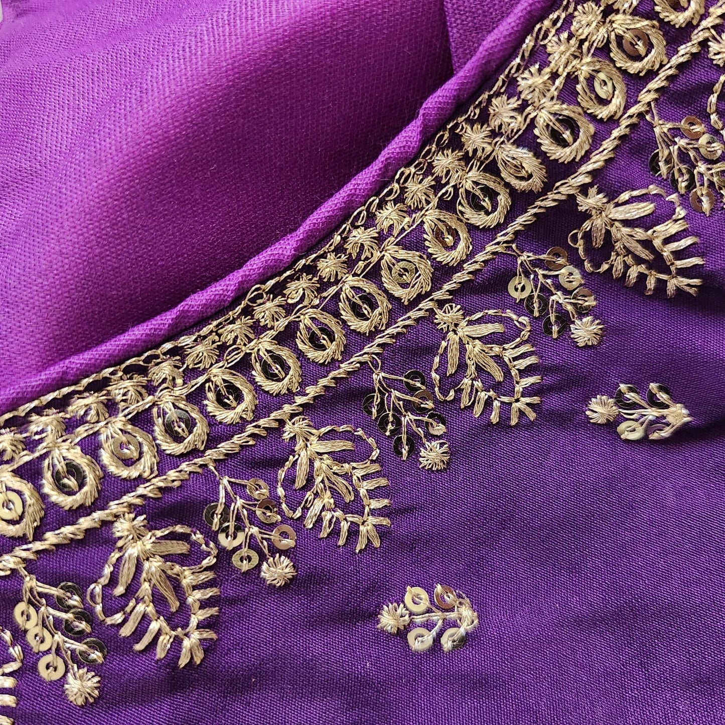 Purple Zari Embroidered Soft Silk Blouse With Elbow Sleeves