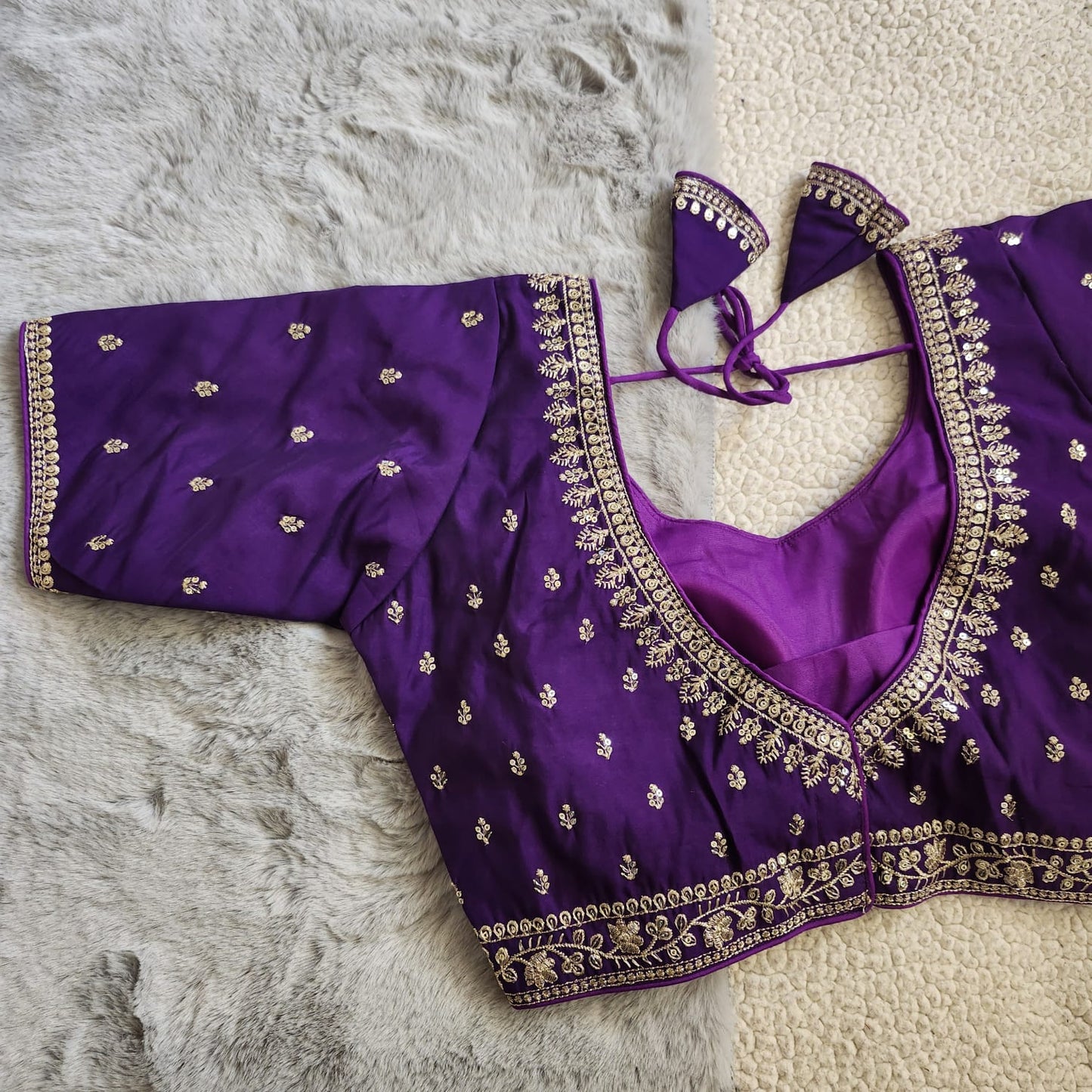 Purple Zari Embroidered Soft Silk Blouse With Elbow Sleeves