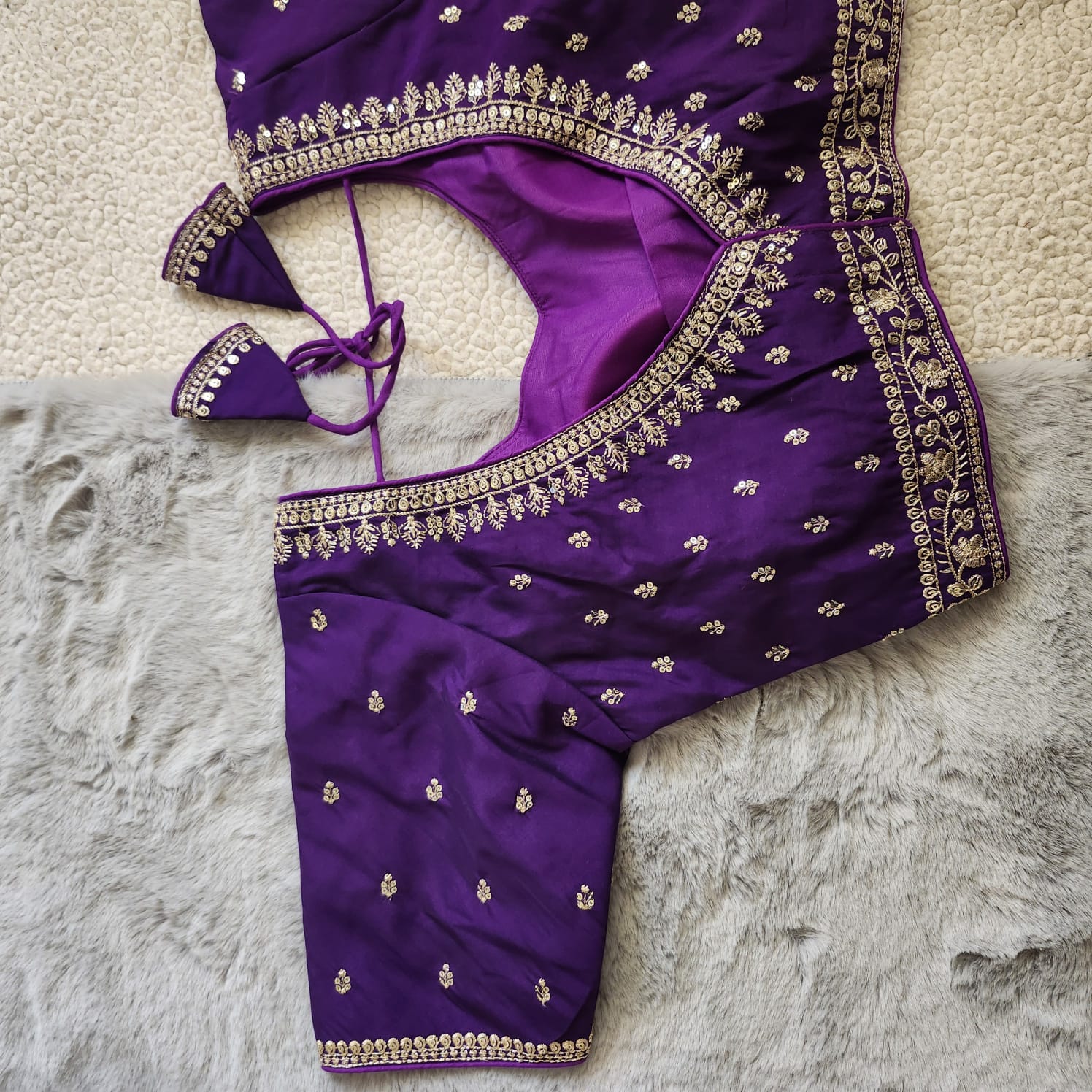 Purple Zari Embroidered Soft Silk Blouse With Elbow Sleeves