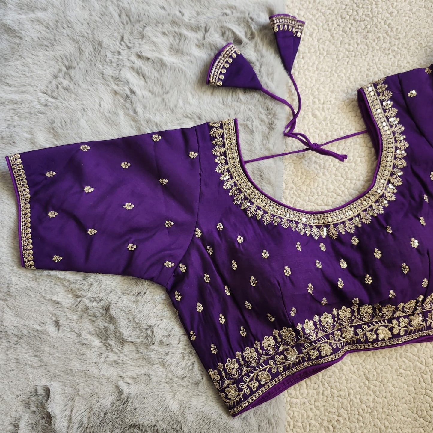 Purple Zari Embroidered Soft Silk Blouse With Elbow Sleeves