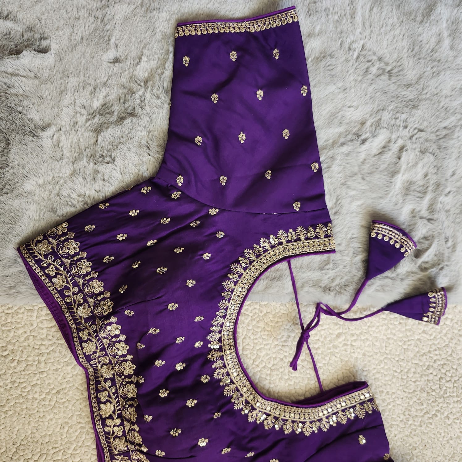 Purple Zari Embroidered Soft Silk Blouse With Elbow Sleeves