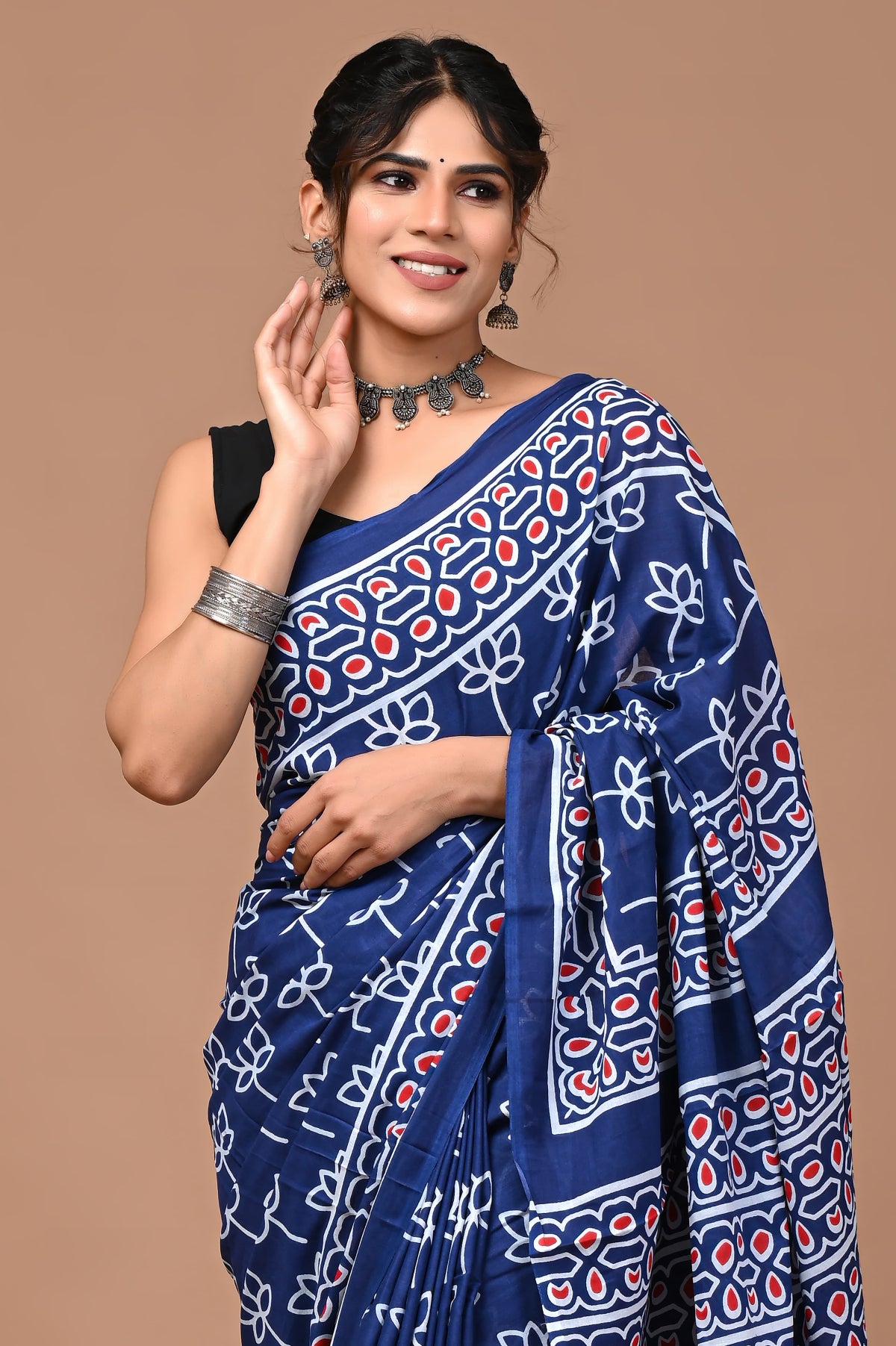 Blue Lotus Block Printed Handloom Cotton Mulmul Saree