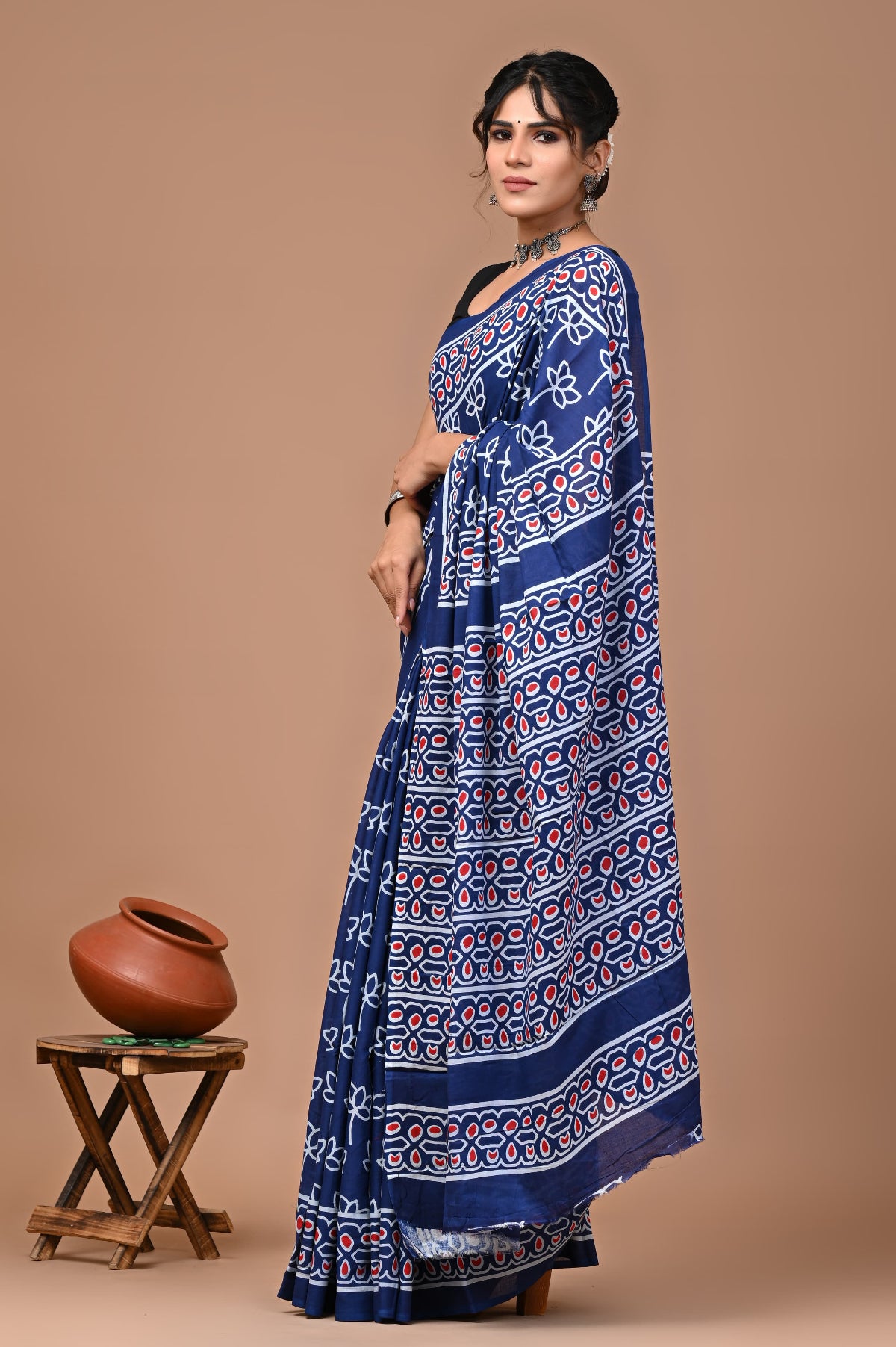 Blue Lotus Block Printed Handloom Cotton Mulmul Saree