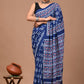 Blue Lotus Block Printed Handloom Cotton Mulmul Saree