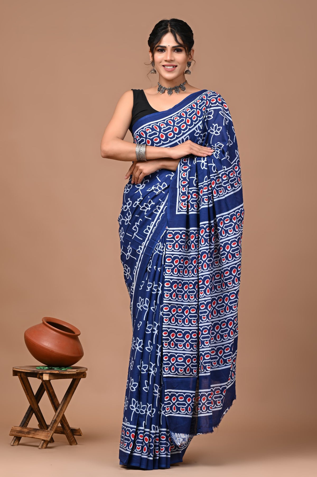 Blue Lotus Block Printed Handloom Cotton Mulmul Saree