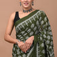 Olive Green Floral Block Printed Handloom Cotton Mulmul Saree