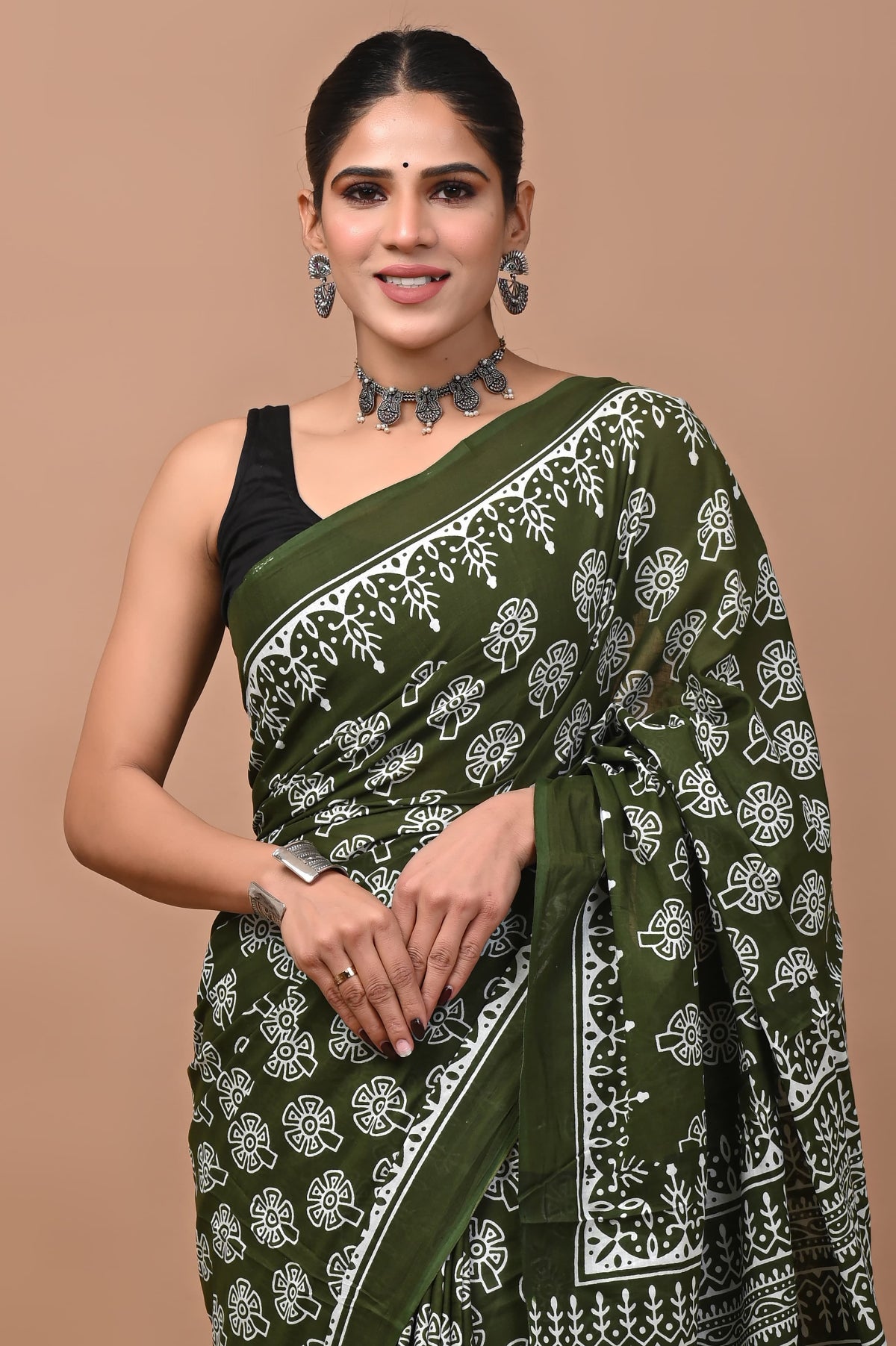 Olive Green Floral Block Printed Handloom Cotton Mulmul Saree