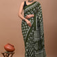 Olive Green Floral Block Printed Handloom Cotton Mulmul Saree