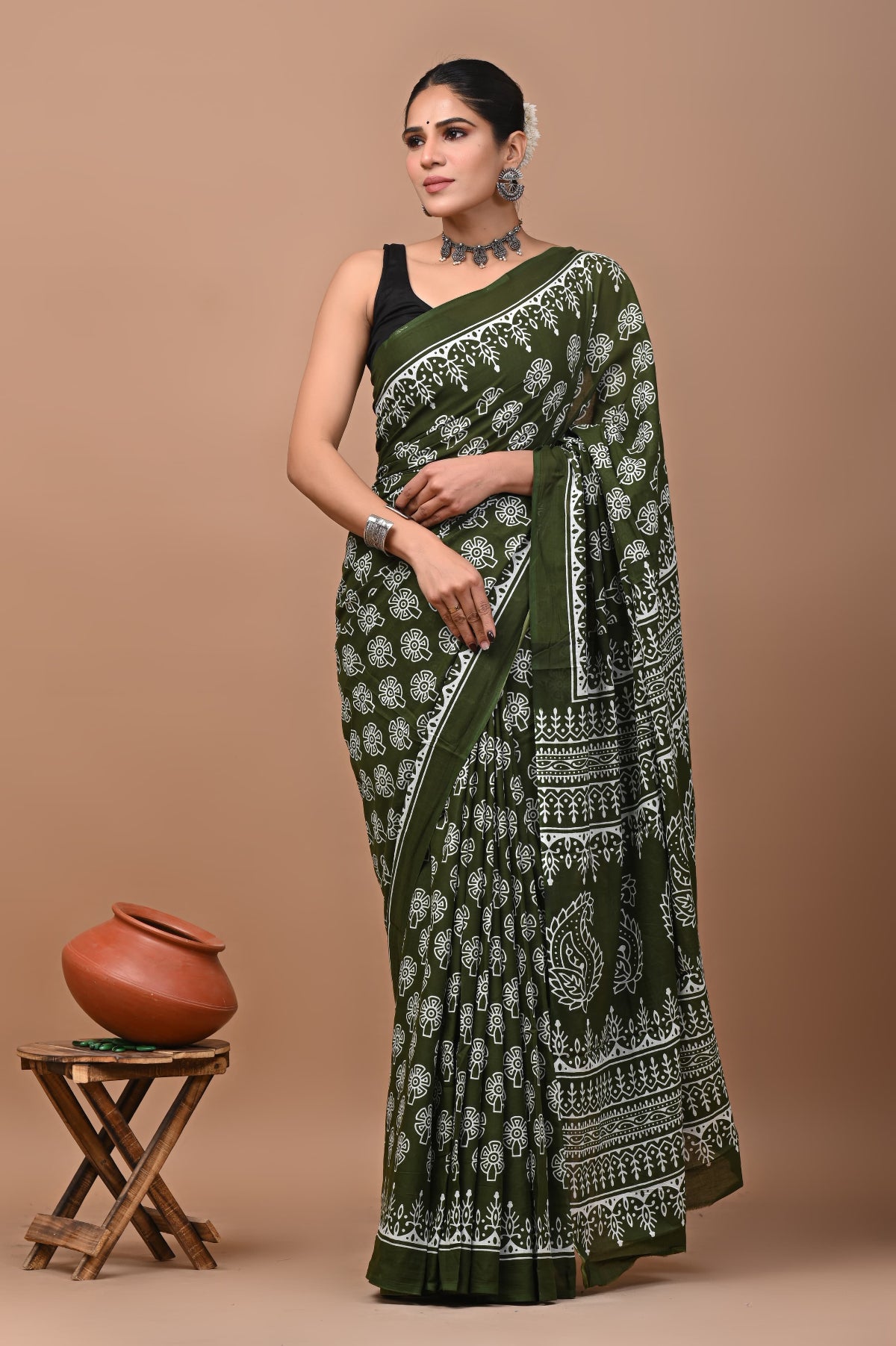 Olive Green Floral Block Printed Handloom Cotton Mulmul Saree