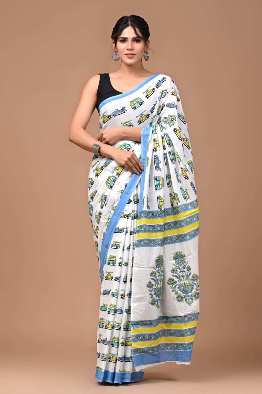 Public Transport Block Printed Cotton Mulmul Saree