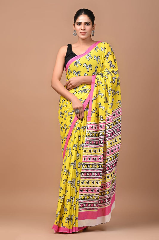 Buy Yellow Zebra Animal Printed Cotton Mulmul Saree