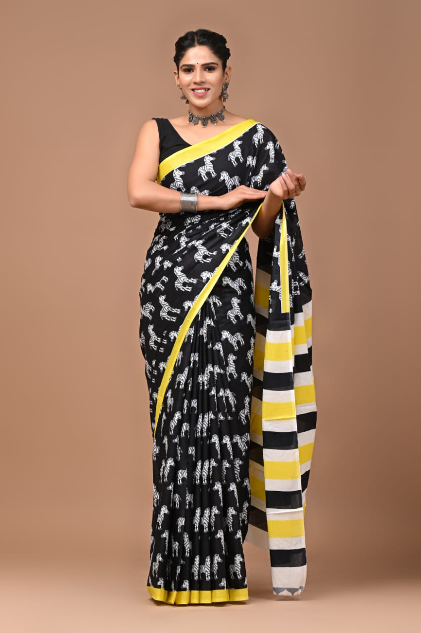 Black Zebra Printed Cotton Mulmul Saree