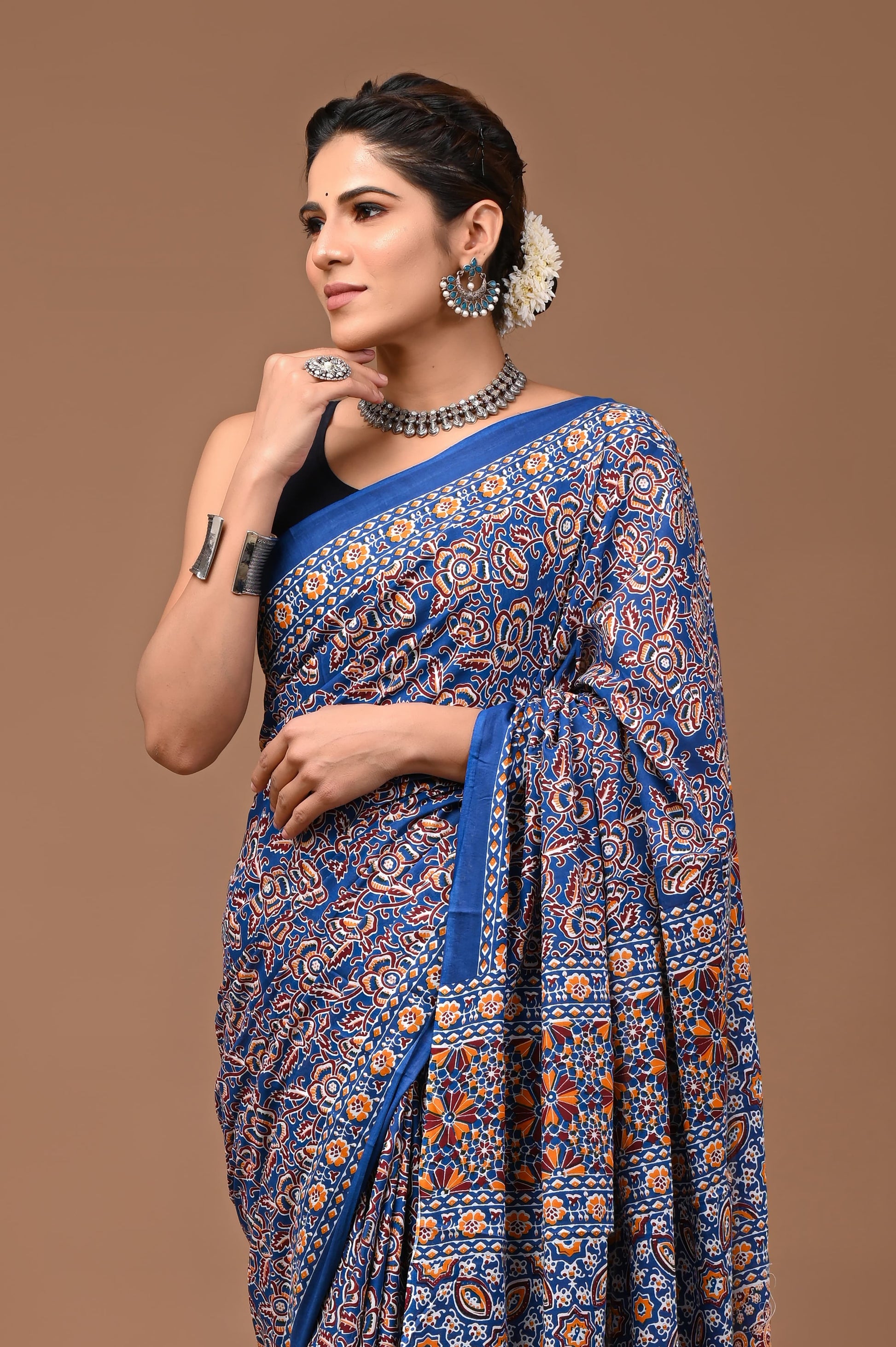 Indigo Ajrakh Printed Handloom Cotton Mulmul Saree