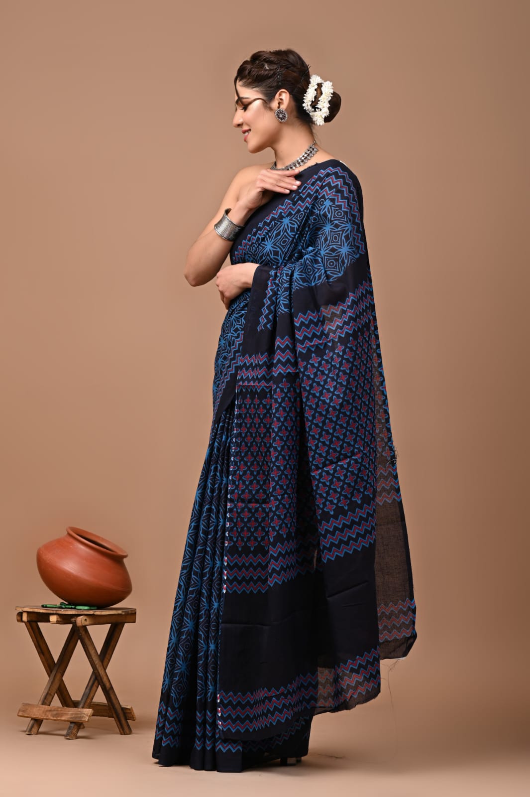 Prussian Blue Block Printed Handloom Cotton Mulmul Saree