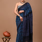 Prussian Blue Block Printed Handloom Cotton Mulmul Saree