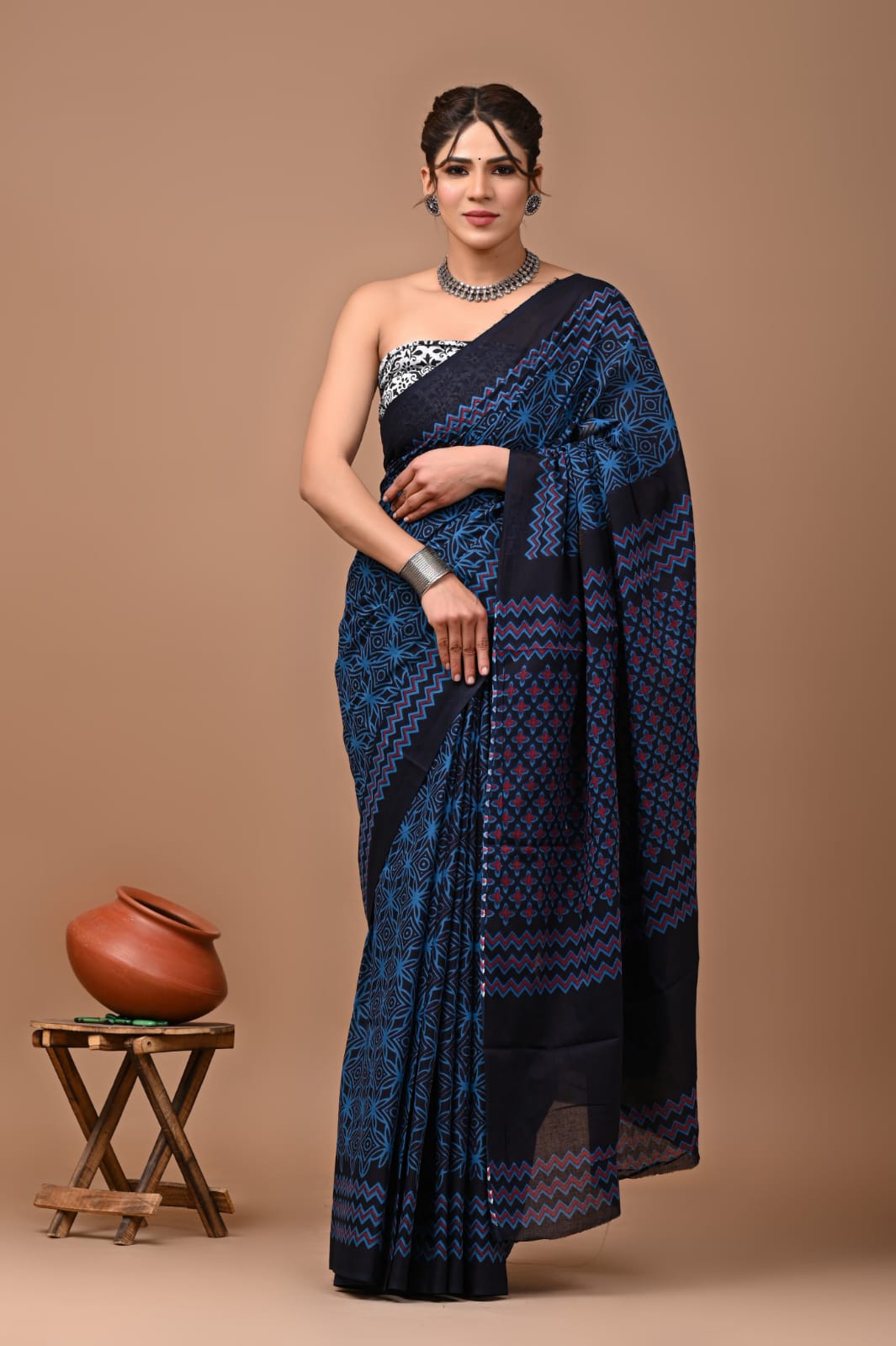 Prussian Blue Block Printed Handloom Cotton Mulmul Saree