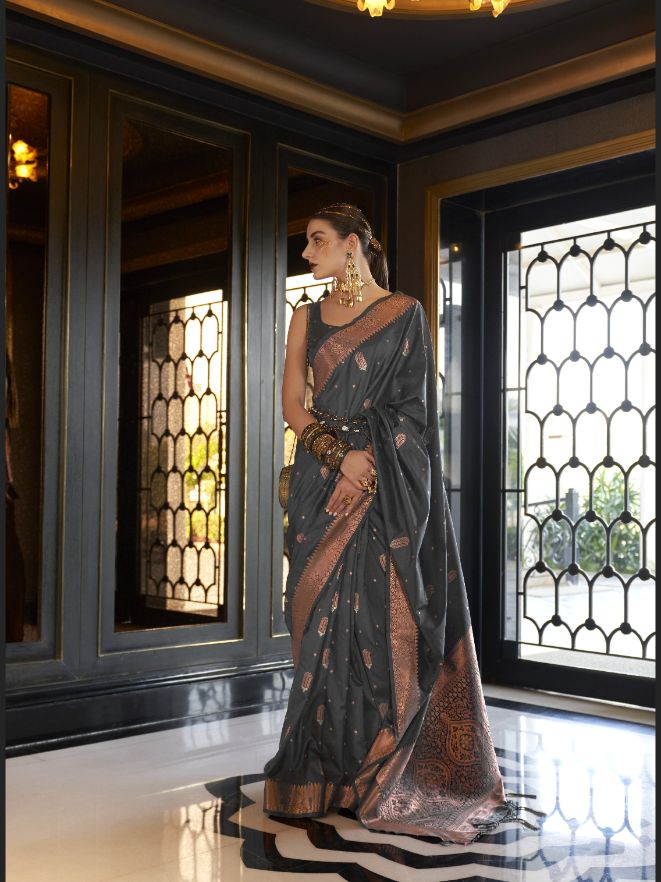 Steel Grey Copper Zari Handloom Silk Saree