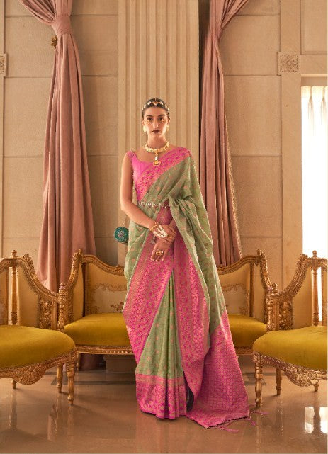 Light Green & Pink Zari Handloom Silk Saree