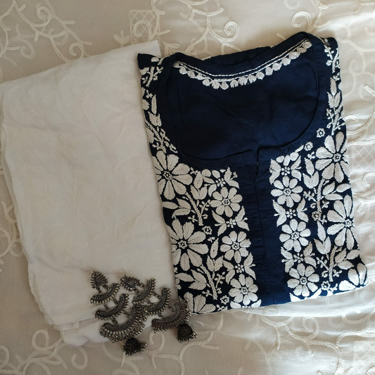 Kaaya Navy Blue Modal Chikankari Kurti & Palazzo Set