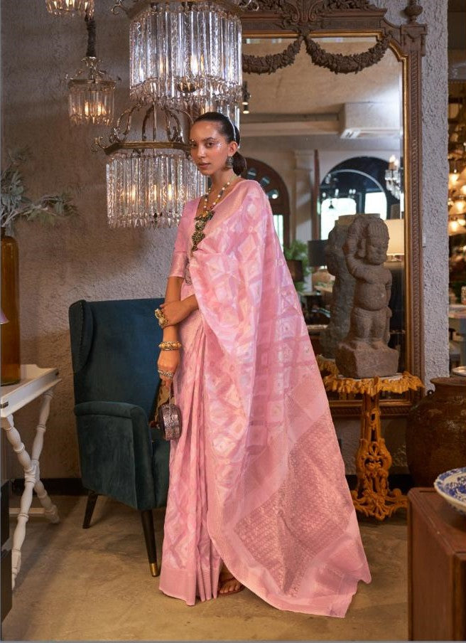 Pink Handloom Woven Linen Saree