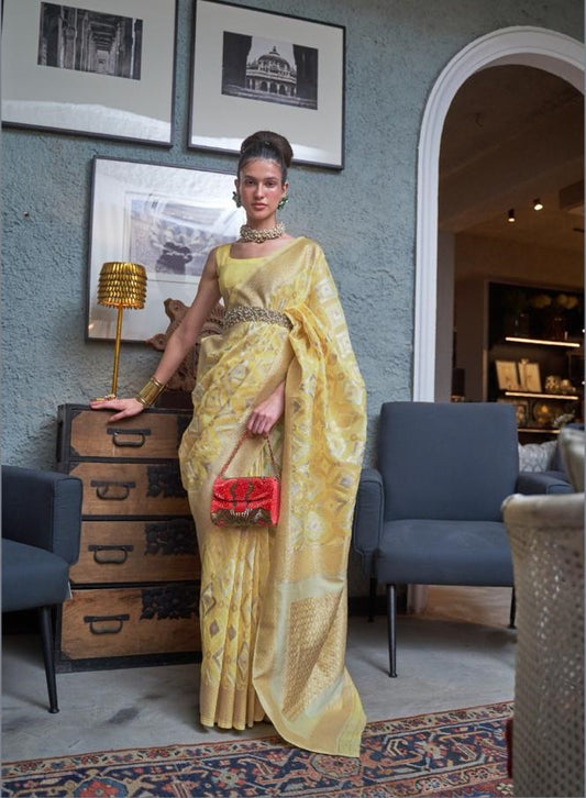 Yellow Handloom Woven Linen Saree