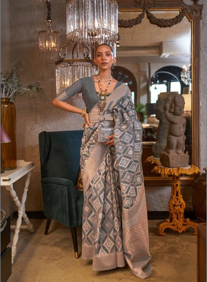 Grey Handloom Woven Linen Saree