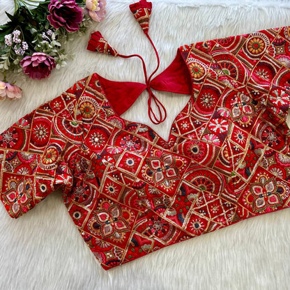 Red Raha Multicolor Sequin and Embroidered Designer Georgette Blouse