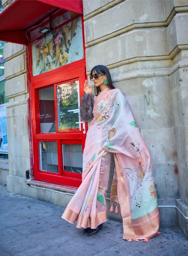 Pink Floral Printed Satin & Organza Blend Silk Saree