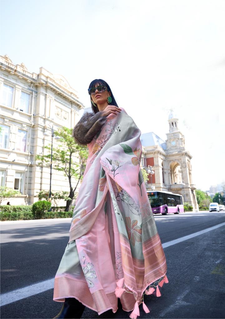 Pink Floral Printed Satin & Organza Blend Silk Saree