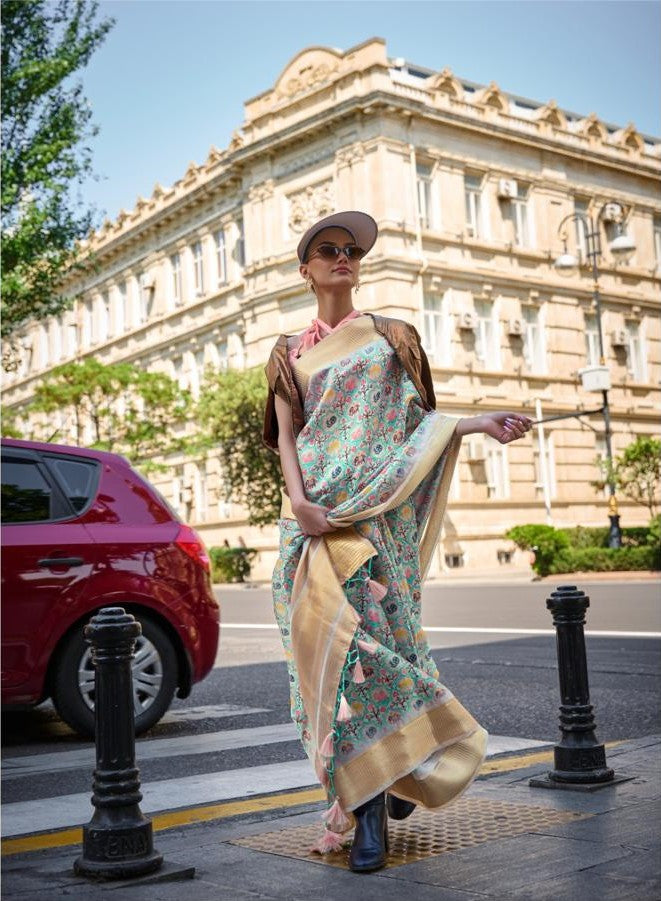 Forest Green Floral Printed Satin & Organza Blend Silk Saree