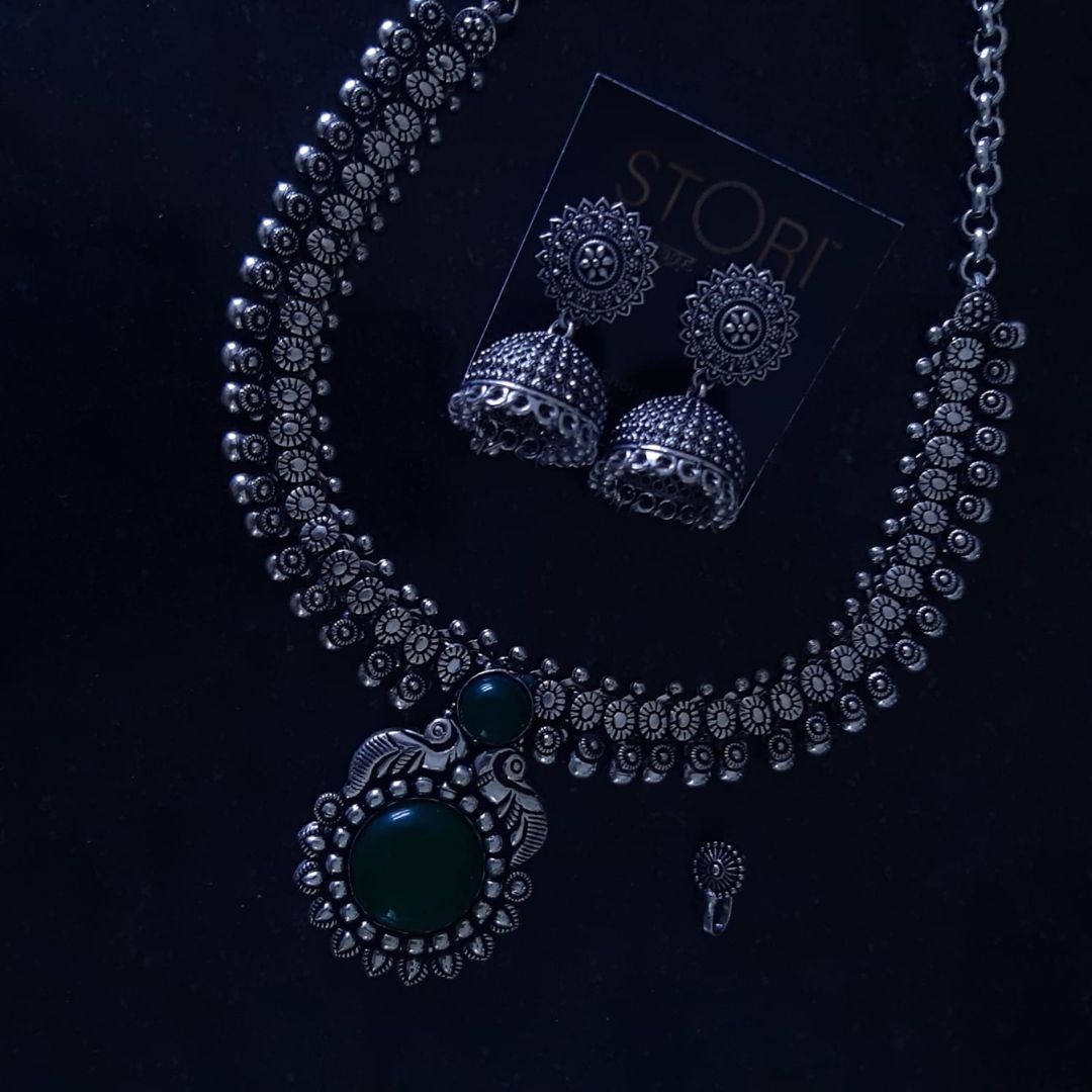 Kolhapuri Pendant Oxidised Necklace Set With Jhumki Earrings