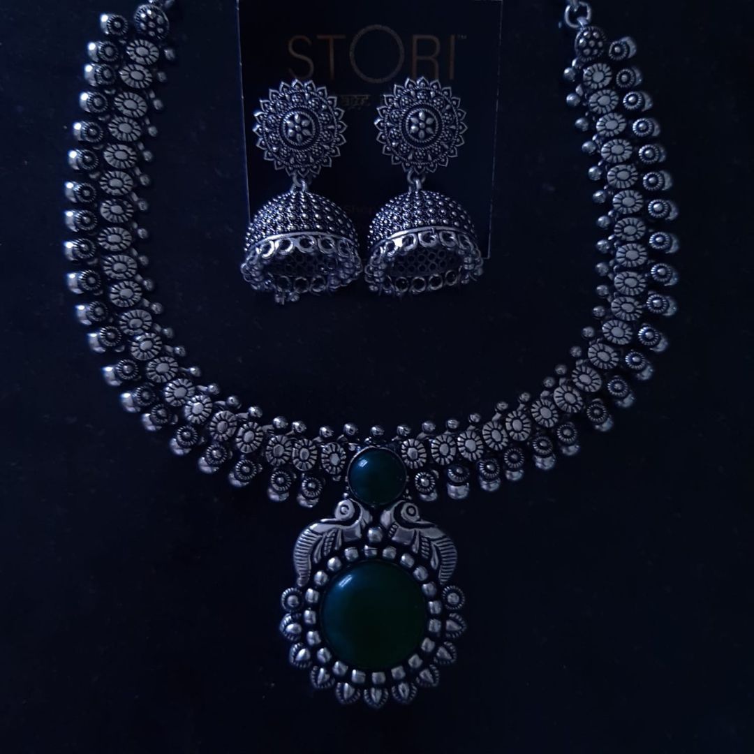 Kolhapuri Pendant Oxidised Necklace Set With Jhumki Earrings