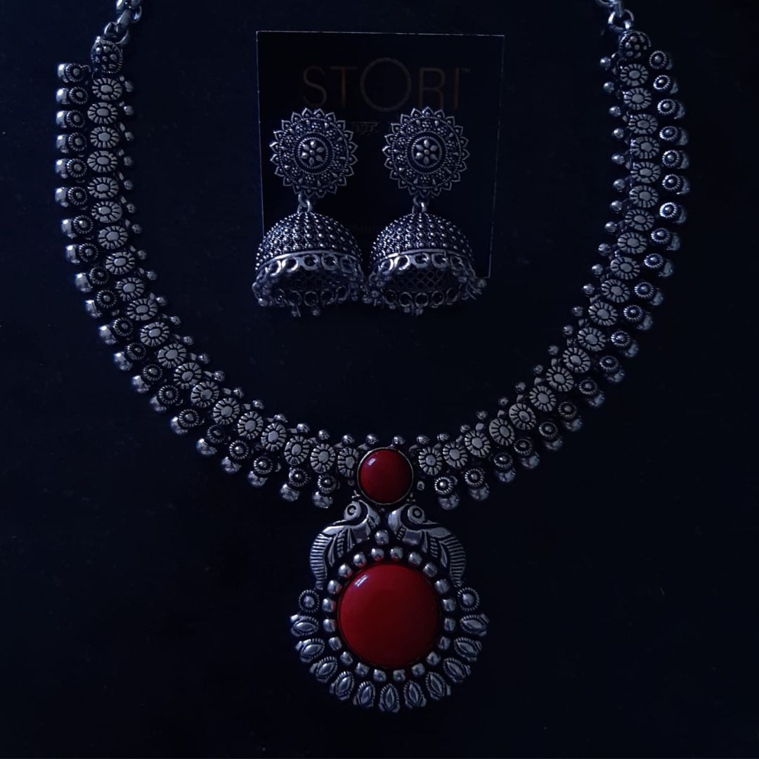 Kolhapuri Pendant Oxidised Necklace Set With Jhumki Earrings