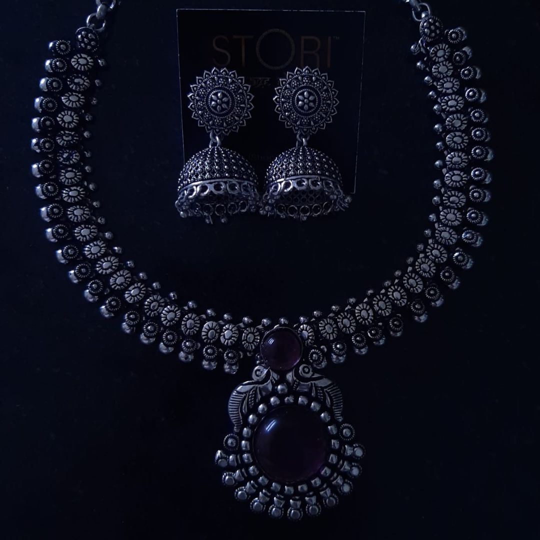 Kolhapuri Pendant Oxidised Necklace Set With Jhumki Earrings