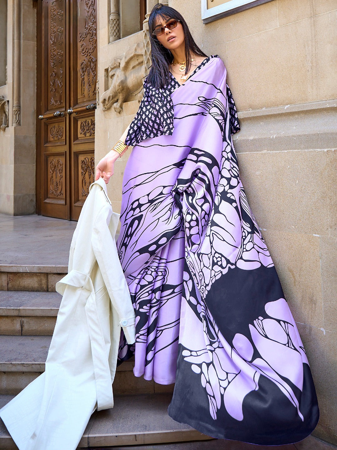 Light Purple Printed Satin Crepe Silk Saree