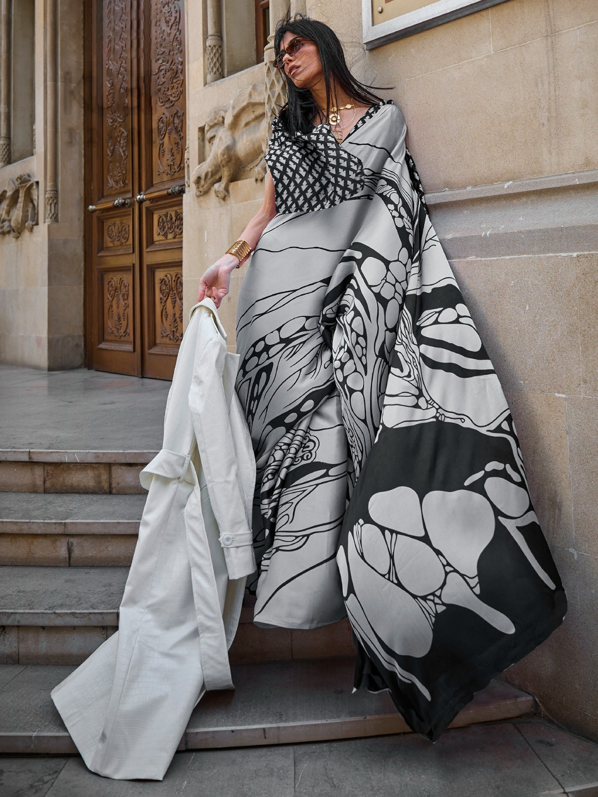 Light Grey Printed Satin Crepe Silk Saree