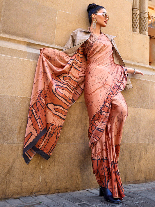 Orange Printed Satin Crepe Silk Saree