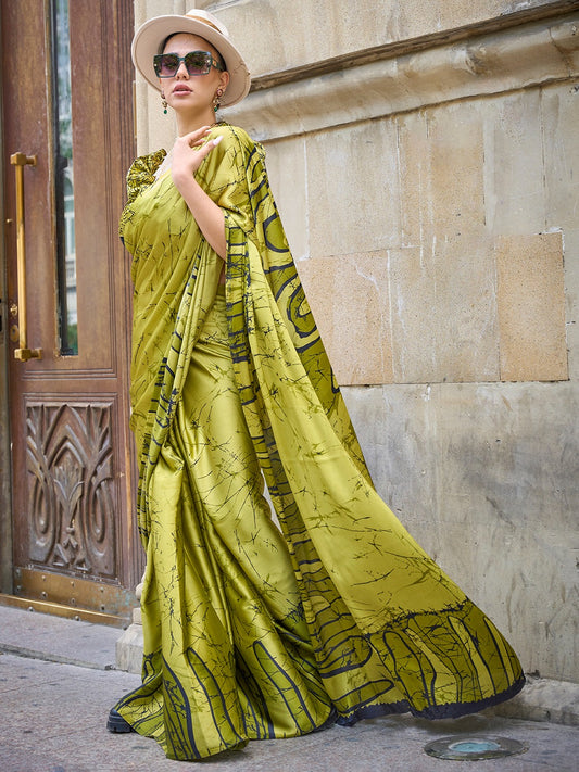 Olive Green Printed Satin Crepe Silk Saree