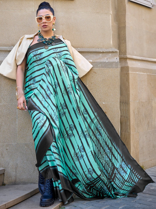 Green Printed Satin Crepe Silk Saree