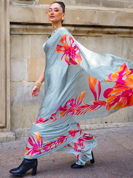 Light Grey & Summer Flowers Printed Satin Crepe Silk Saree