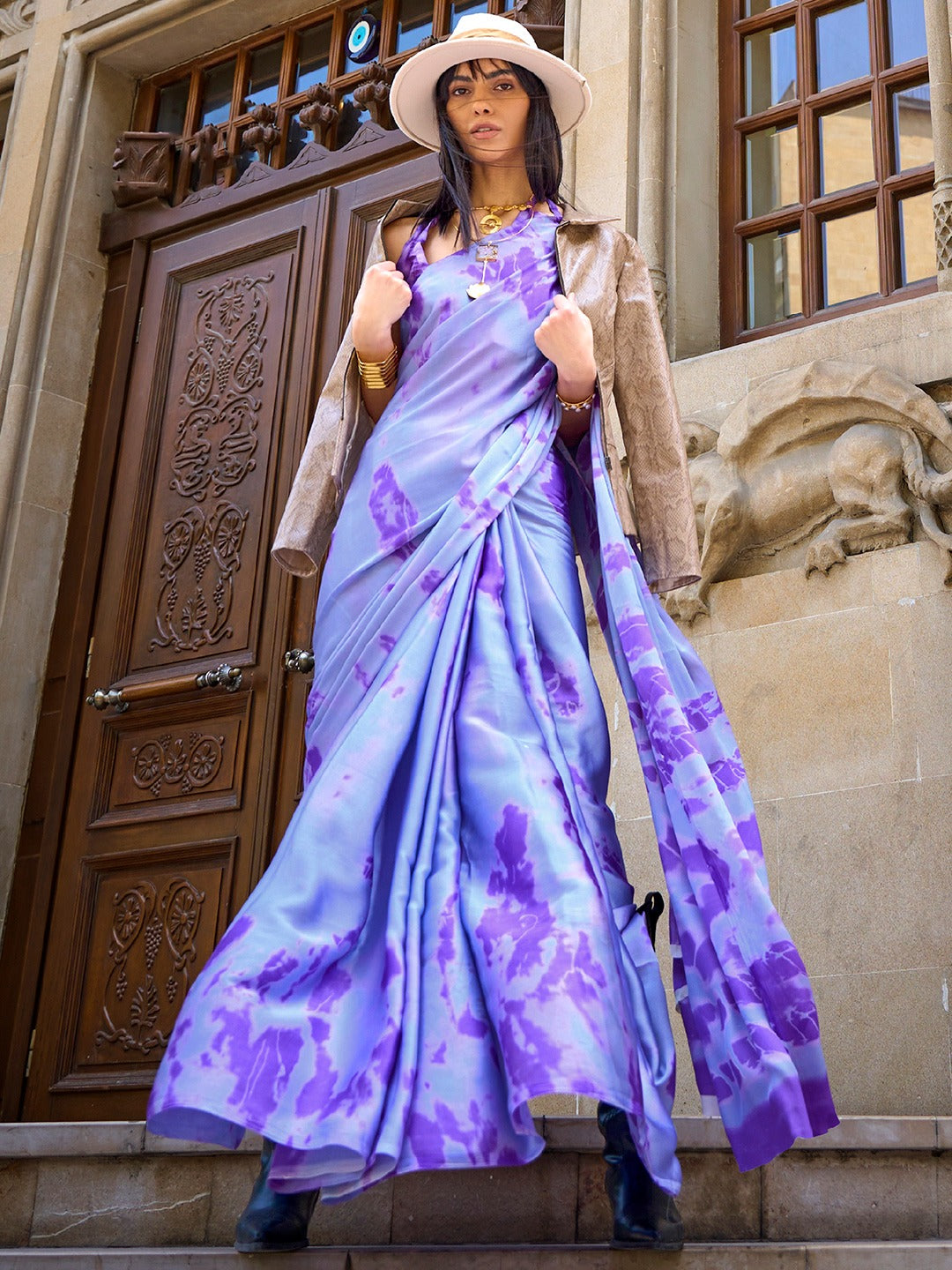 Light Purple Printed Satin Crepe Silk Saree